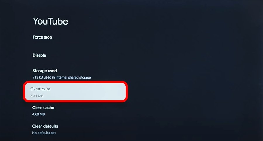 Очистка данных приложения YouTube на Android TV