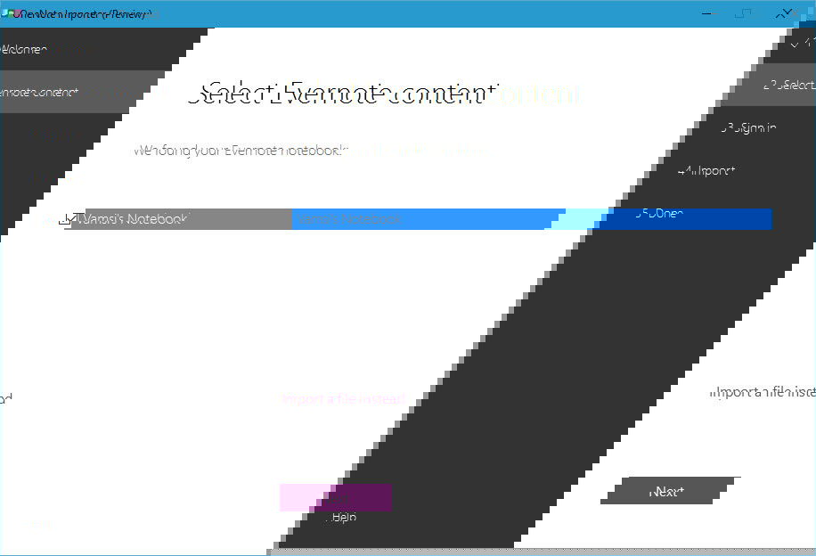 Список блокнотов Evernote в Importer с возможностью выбора