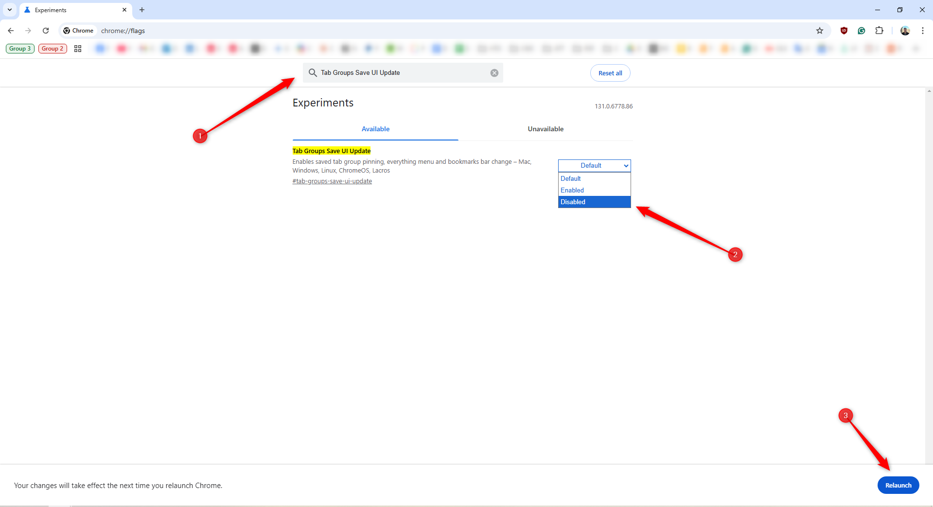Отключение экспериментальной функции «Tab Groups Save UI Update» в Chrome.