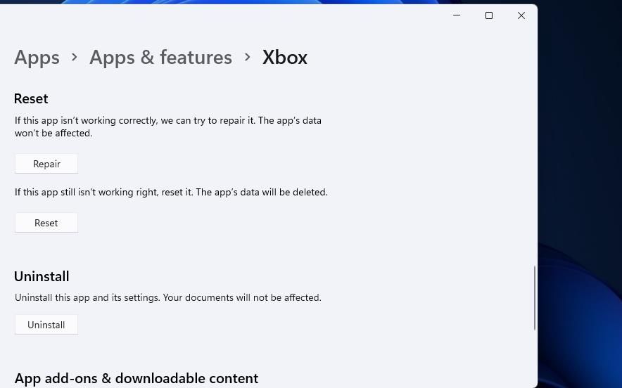 Кнопка Сброс для приложения Xbox