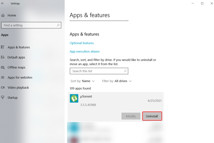 Кнопка Удалить для выбранного приложения