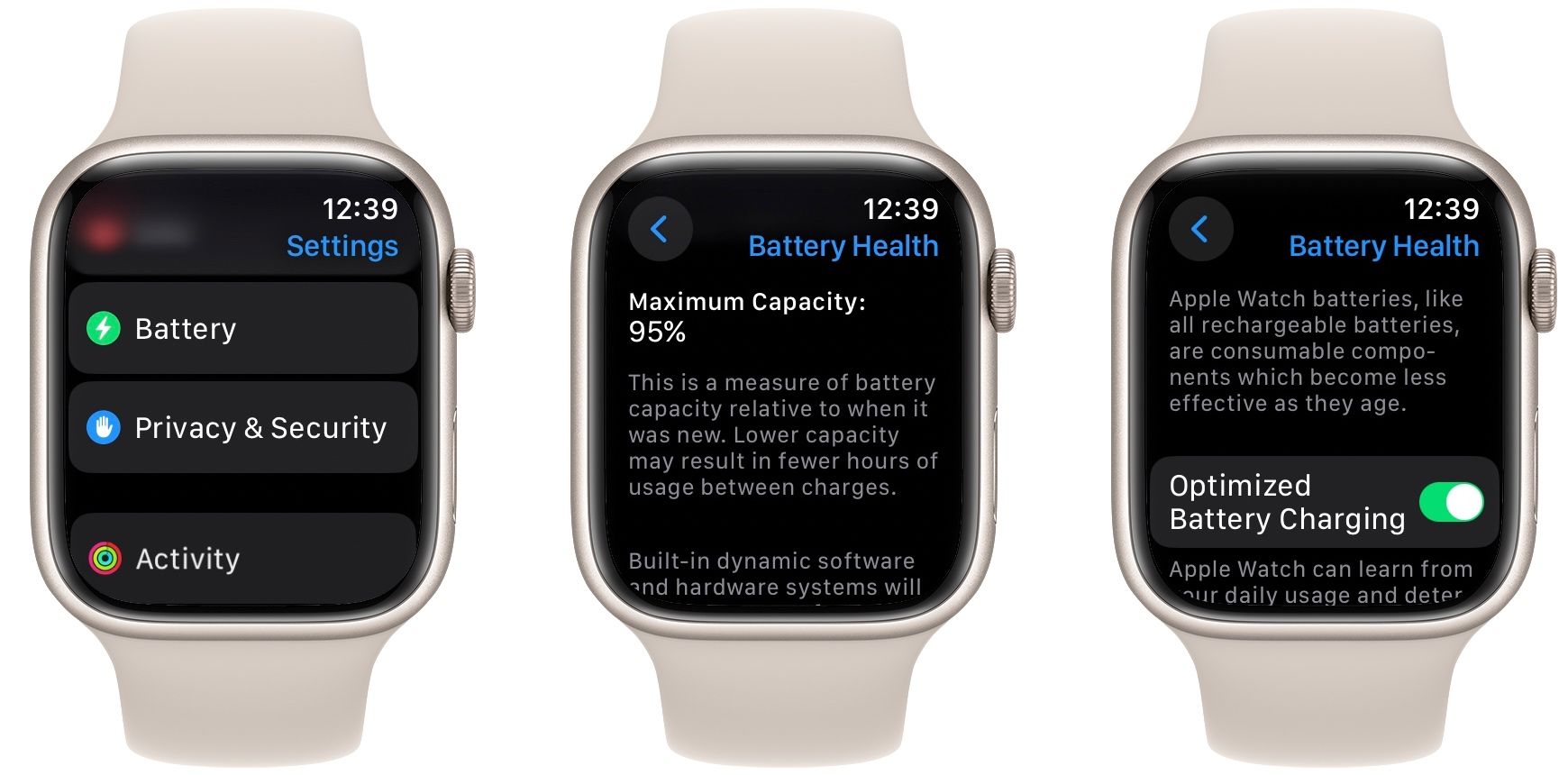 Экран настроек: максимальная ёмкость батареи Apple Watch в процентах