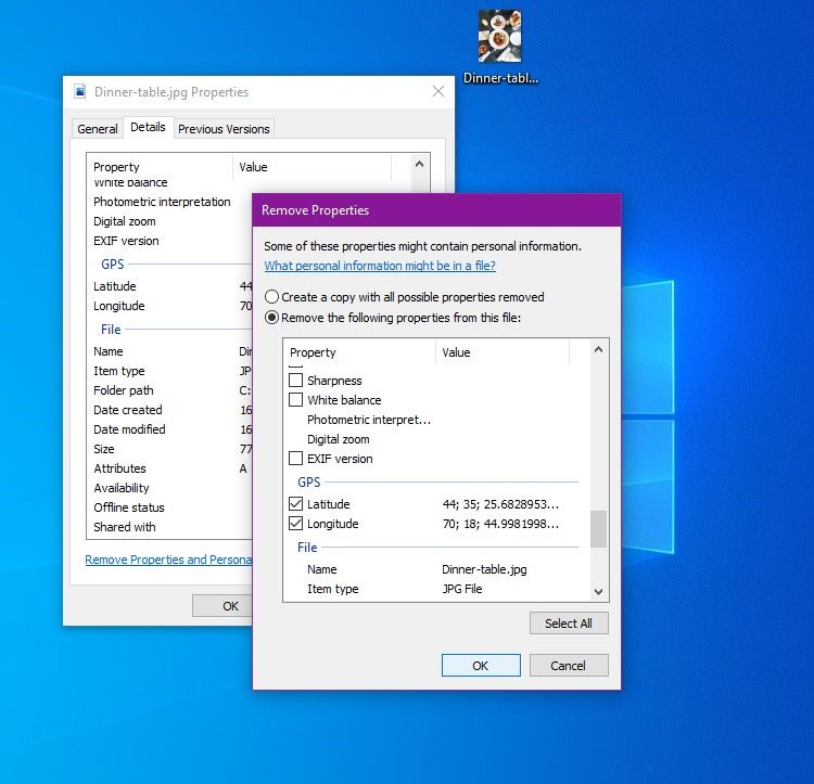 Screenshot of removing location data from photos