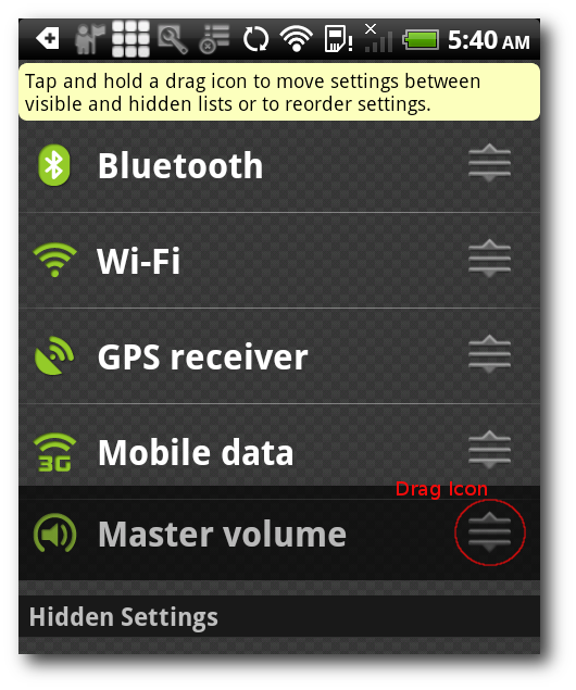 Перетаскивание элементов в Quick Settings