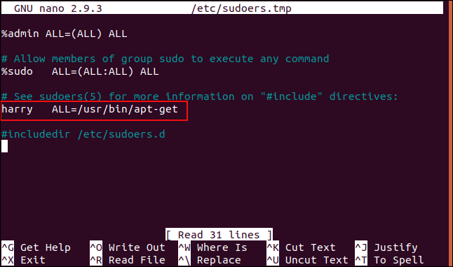 Запись sudoers для harry, разрешающая apt-get