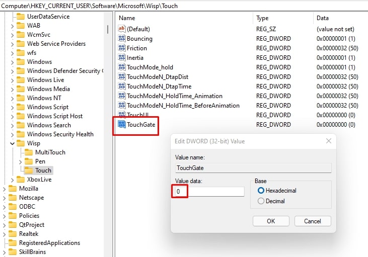 Создание TouchGate и установка значения 0