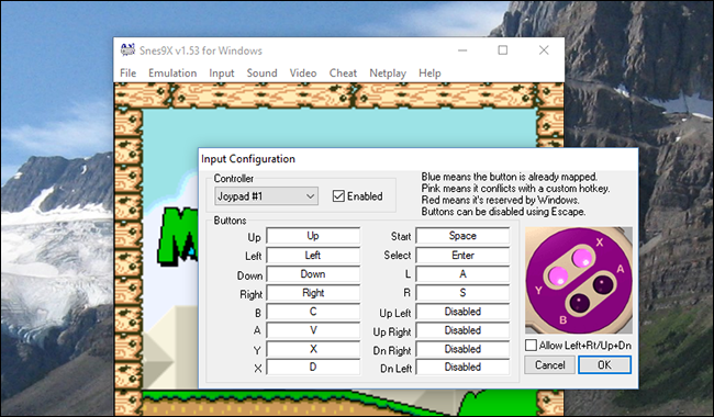 Настройки управления в Snes9X: привязка клавиш и геймпада