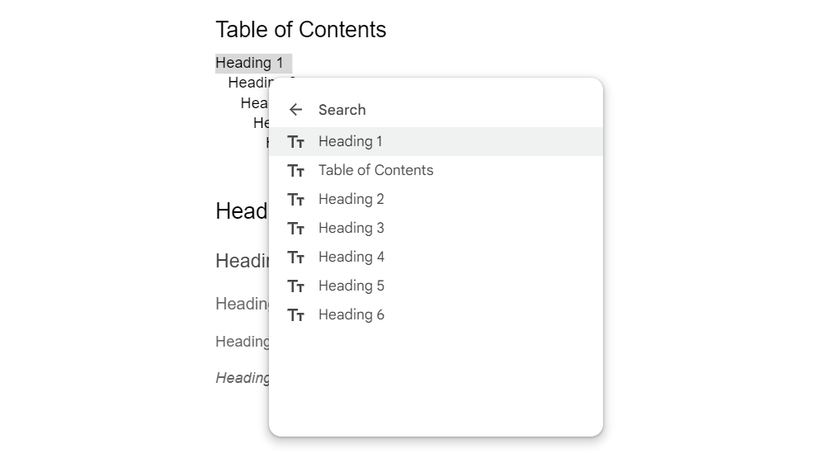 Выбор заголовка для вставки ссылки в Google Docs.