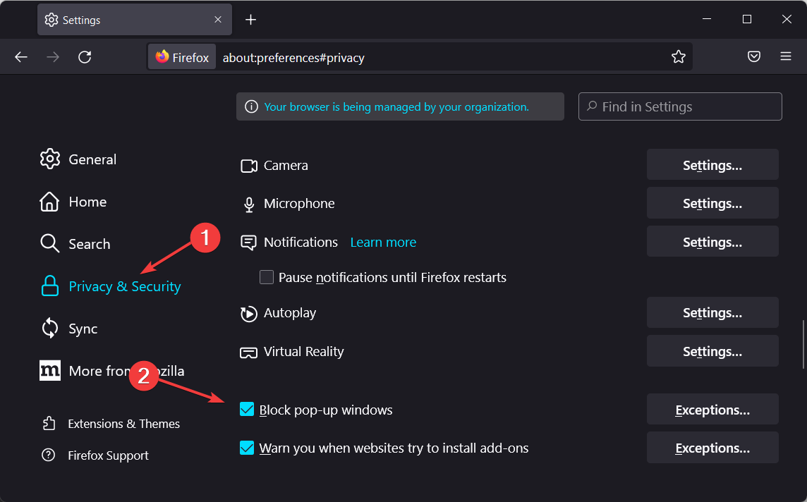 Опция блокировки всплывающих окон в Firefox