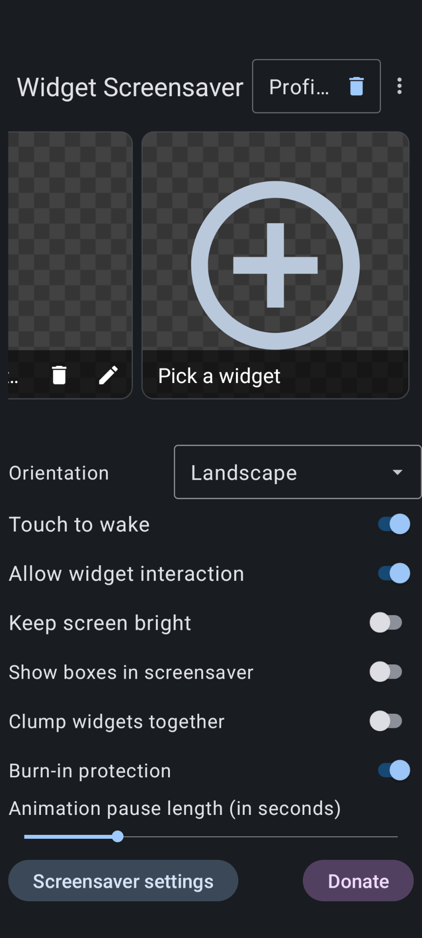 Настройка виджетов в приложении Widget Screensaver на Android