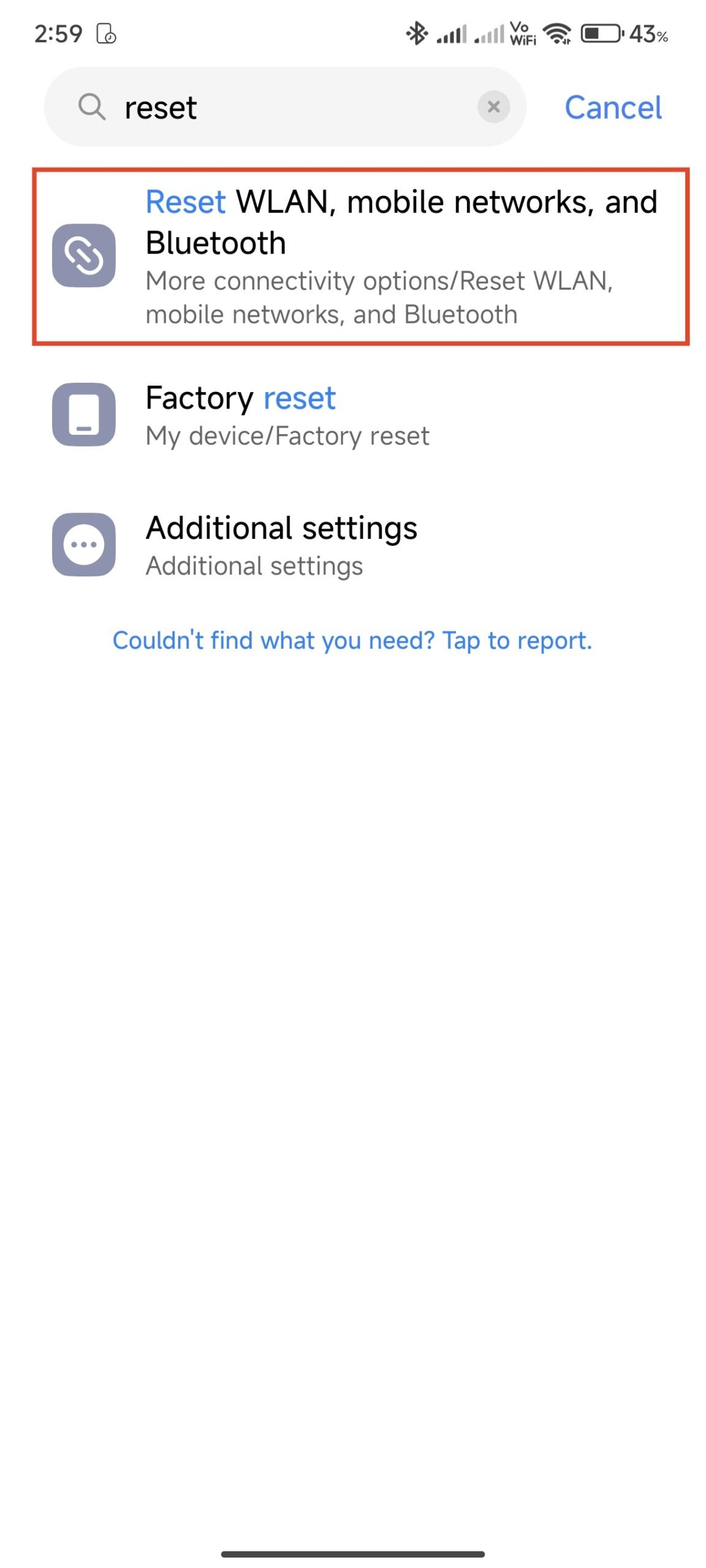 reset WLAN, mobile networks, and Bluetooth
