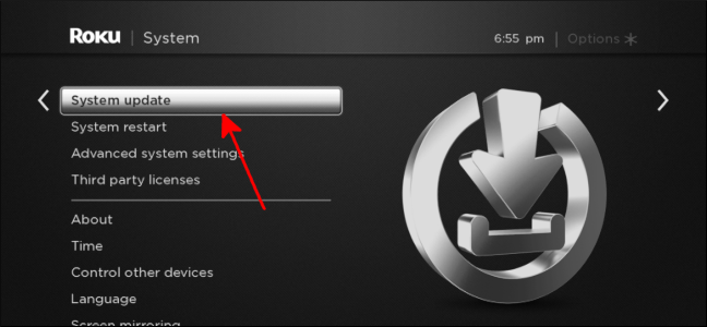 Пункт меню Система и Обновление системы в интерфейсе Roku