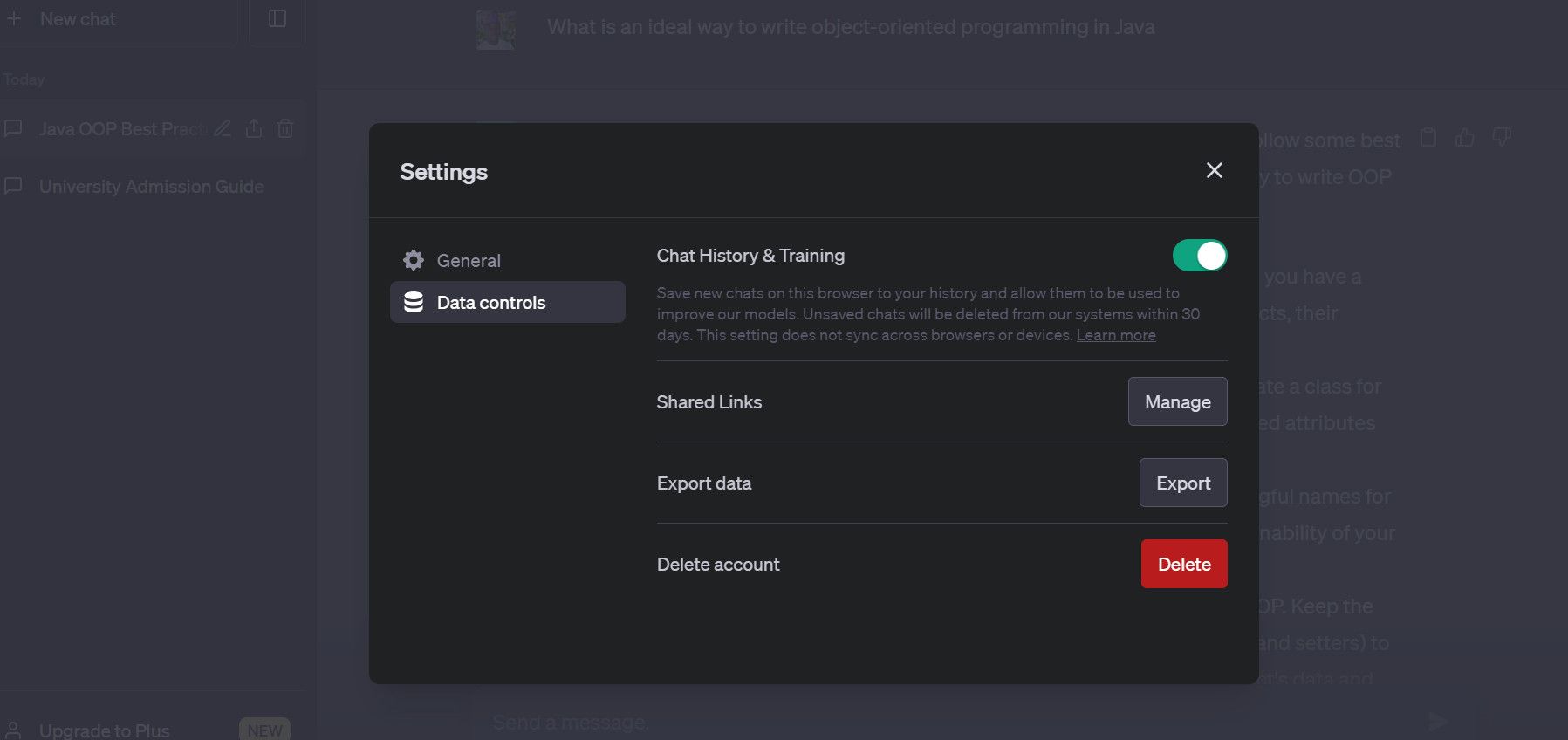 Меню настроек ChatGPT