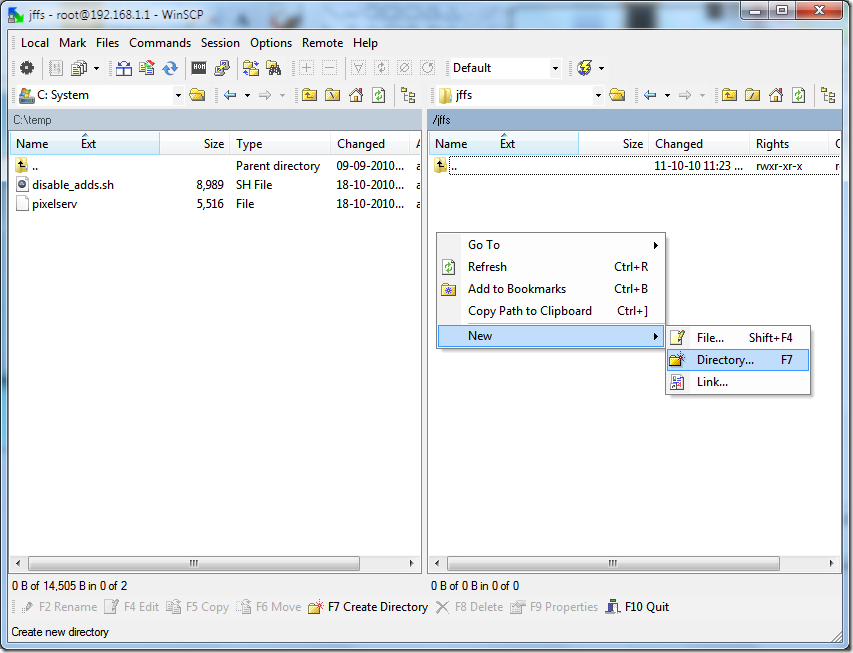 Навигация к /jffs в winSCP