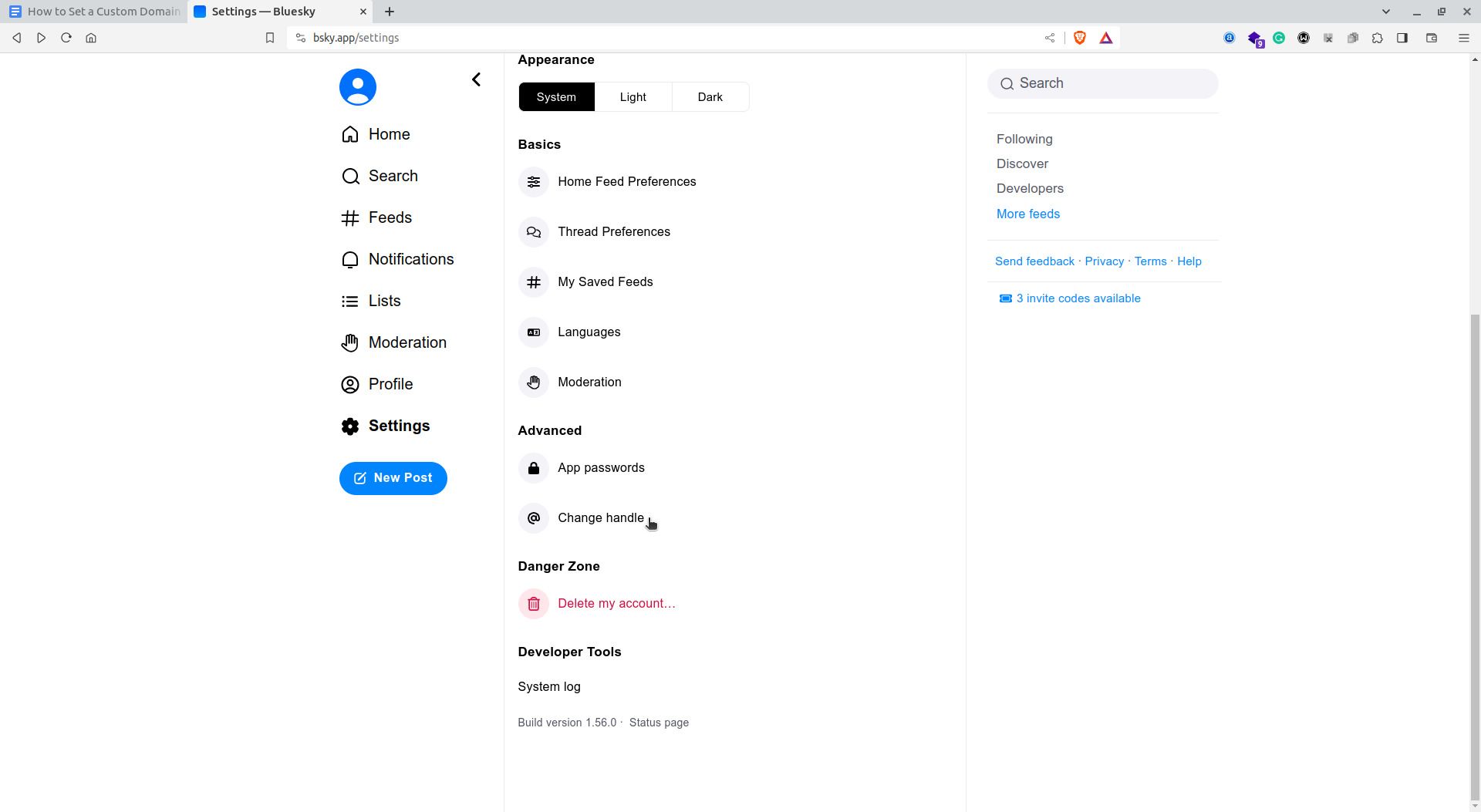 Меню настроек Bluesky с пунктами аккаунта