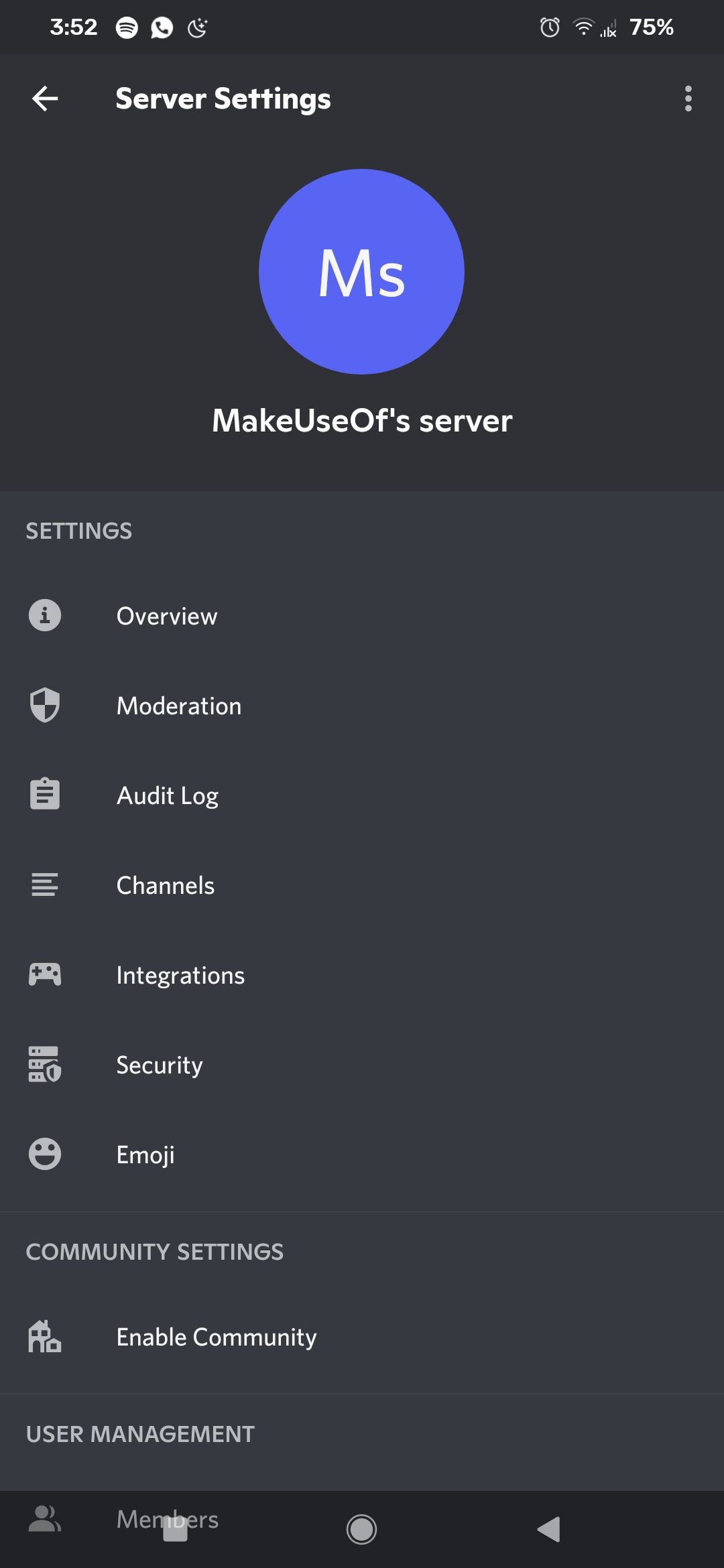 Меню сервера Discord — параметры