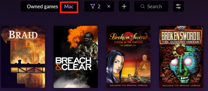 Библиотека GOG с переключателем Mac для показа только macOS‑игр