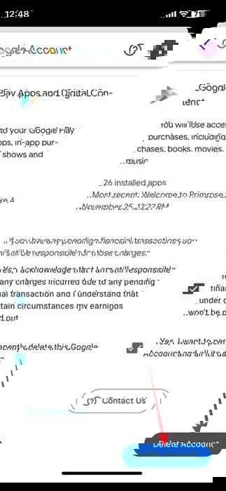 Кнопка удаления аккаунта в приложении Gmail на iOS