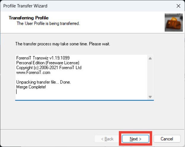 Окно завершения слияния профиля в Transwiz
