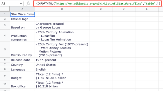 IMPORTHTML для первой таблицы на странице