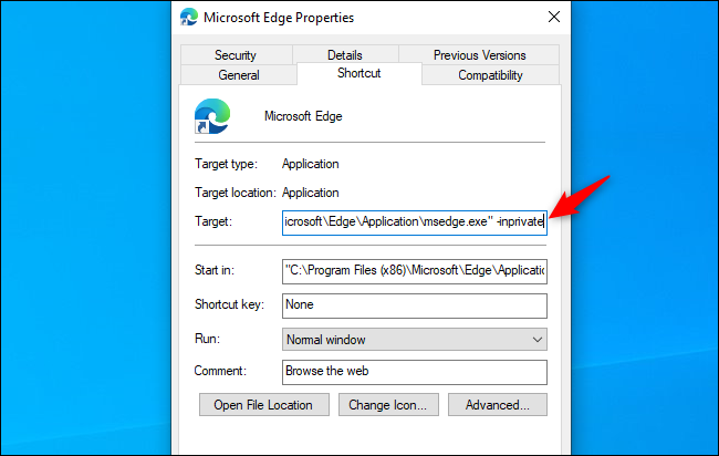 Ярлык Microsoft Edge с параметром -inprivate