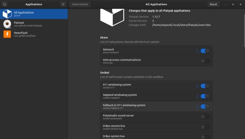 Изменение разрешений для всех приложений Flatpak в Flatseal