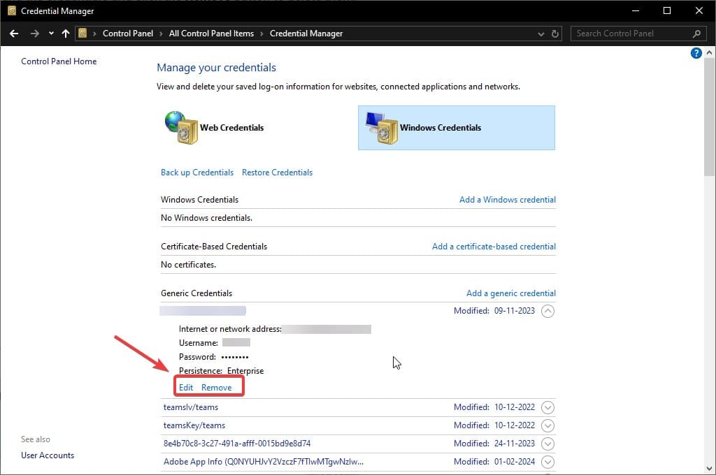 Modifica o rimozione credenziali specifiche per Outlook nel Gestore credenziali
