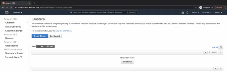 Кнопка создания кластера в ECS
