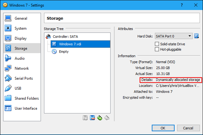 Окно Storage в VirtualBox с выделенным динамическим диском