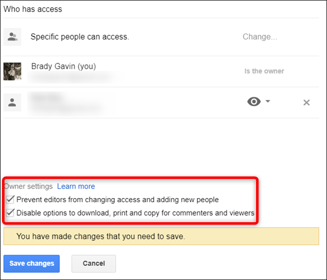 Дополнительные меры защиты: запрет на изменение доступа и отключение скачивания/печати.