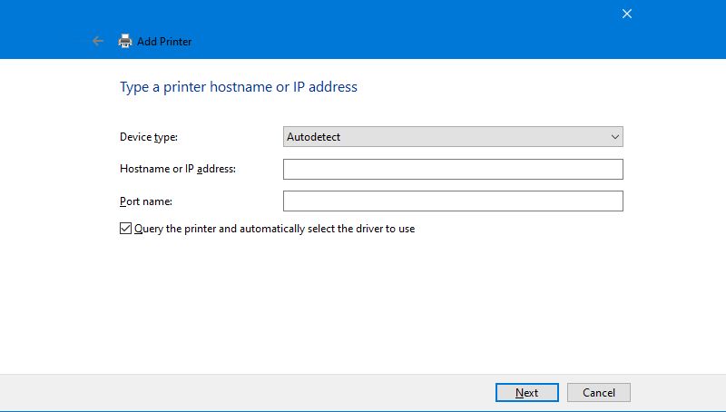 Окно добавления принтера по IP-адресу в Windows 10