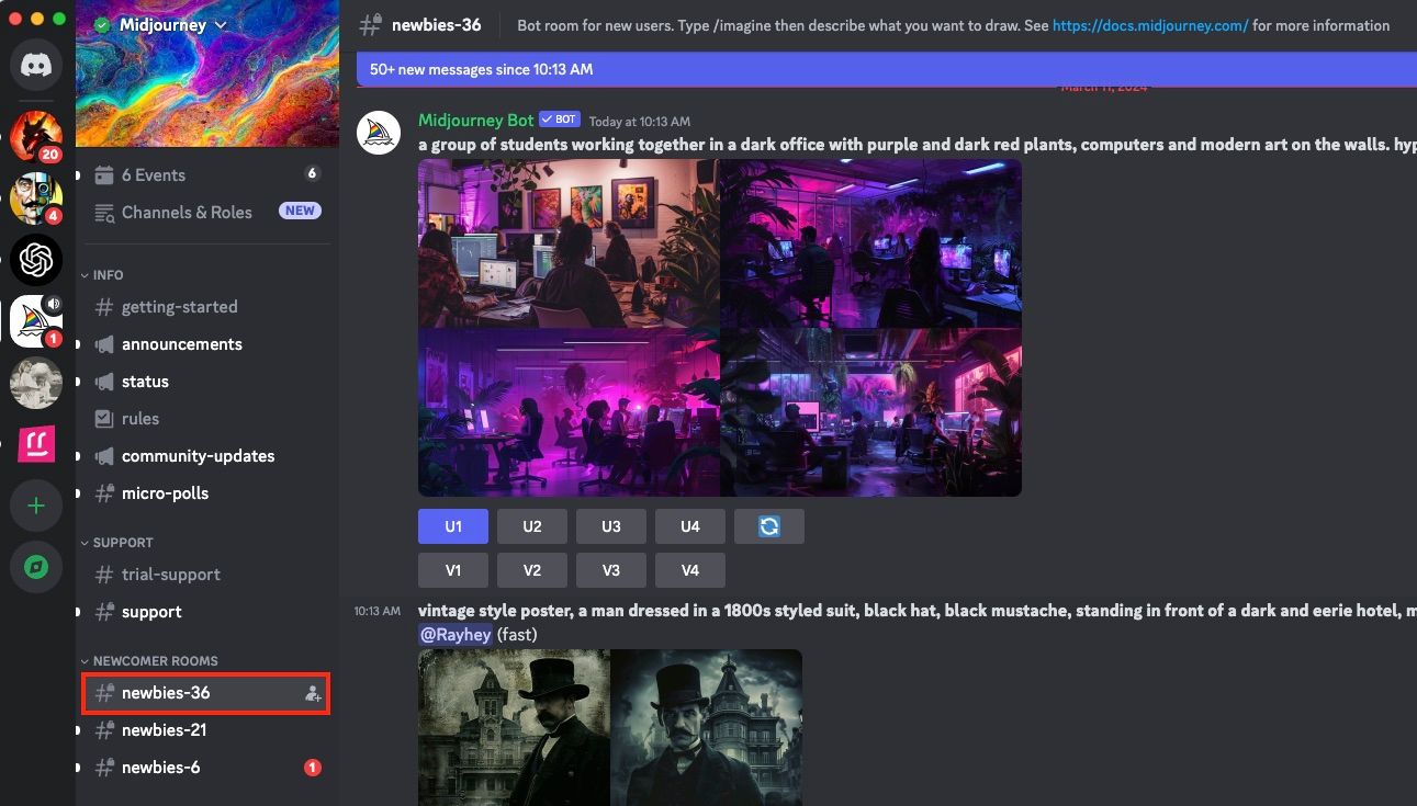 Сервер Midjourney в Discord с комнатой новичков