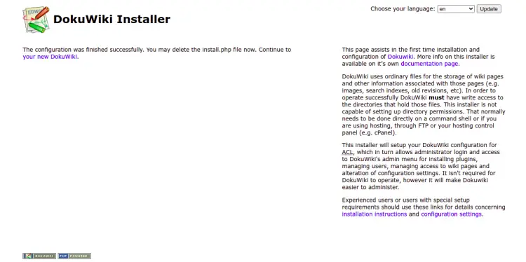 Интерфейс DokuWiki после установки