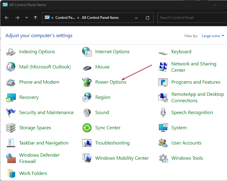 Окно параметров электропитания