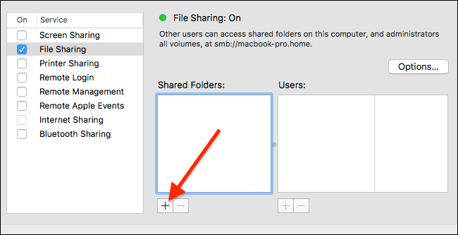 Нажатие кнопки + для добавления общей папки