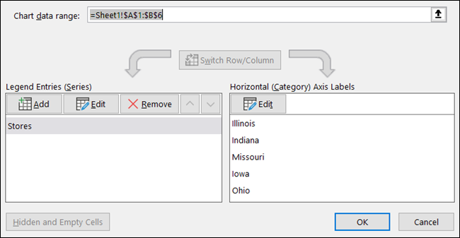 Изменение диапазона данных диаграммы