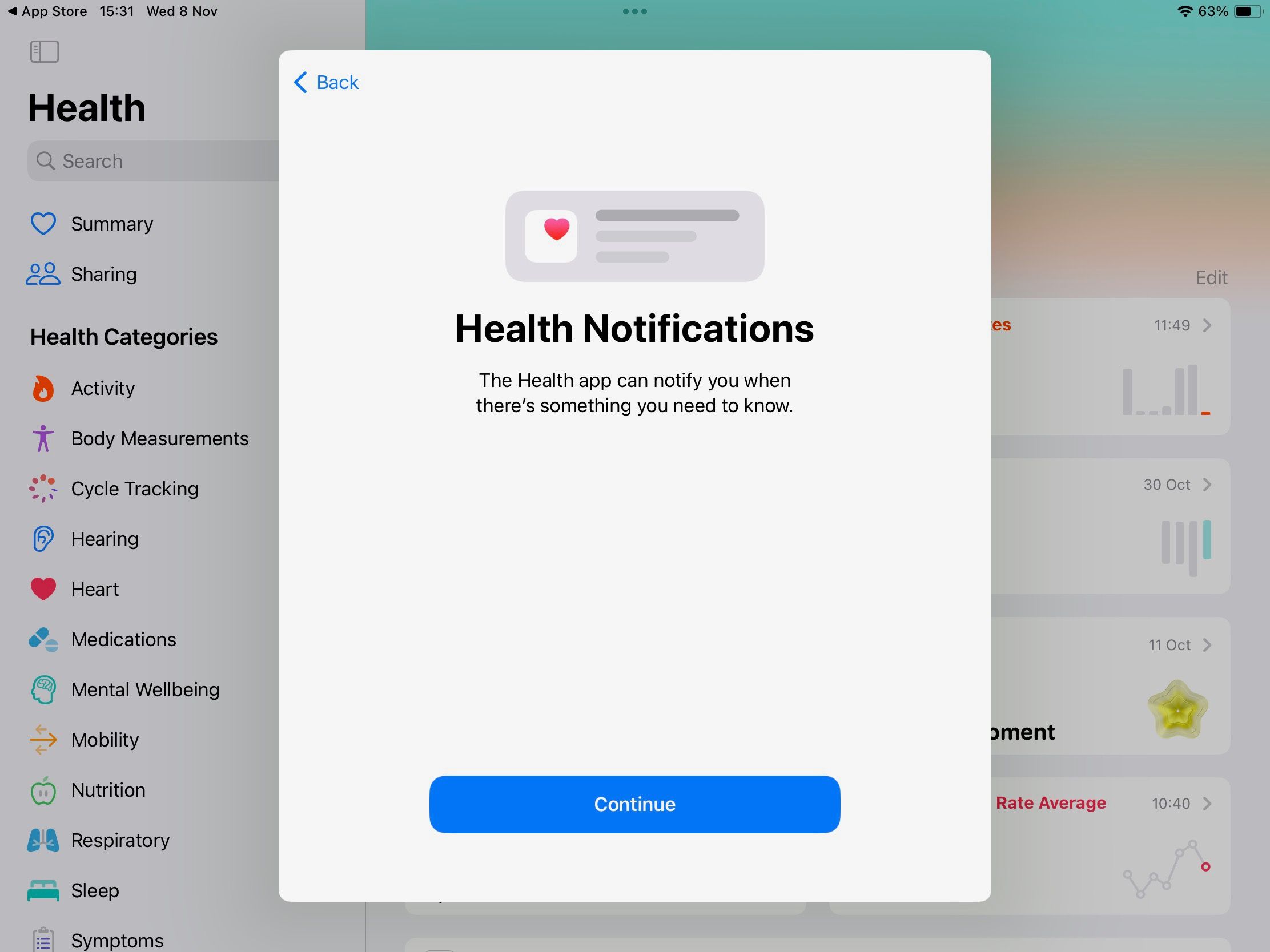 Экран с объяснением уведомлений Health на iPad