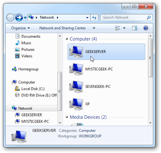 Сеть — домашний сервер в списке сетевых устройств
