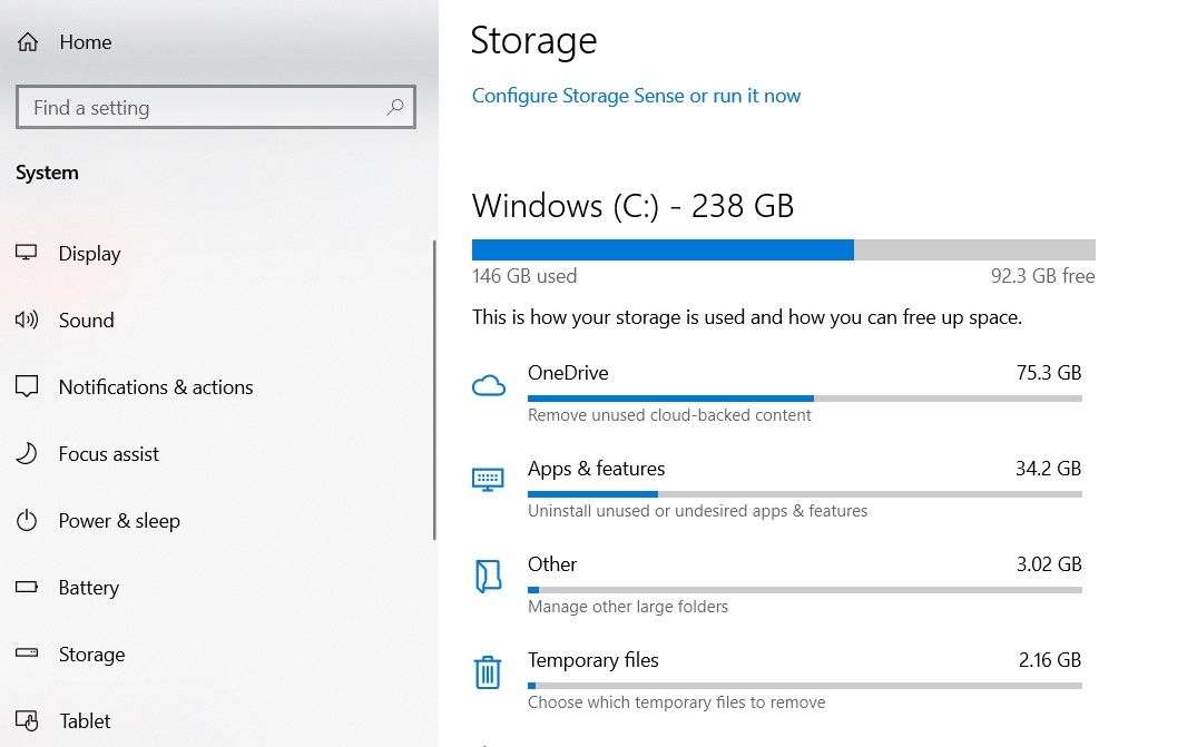 Настройки хранилища Windows 10: обзор категорий использования