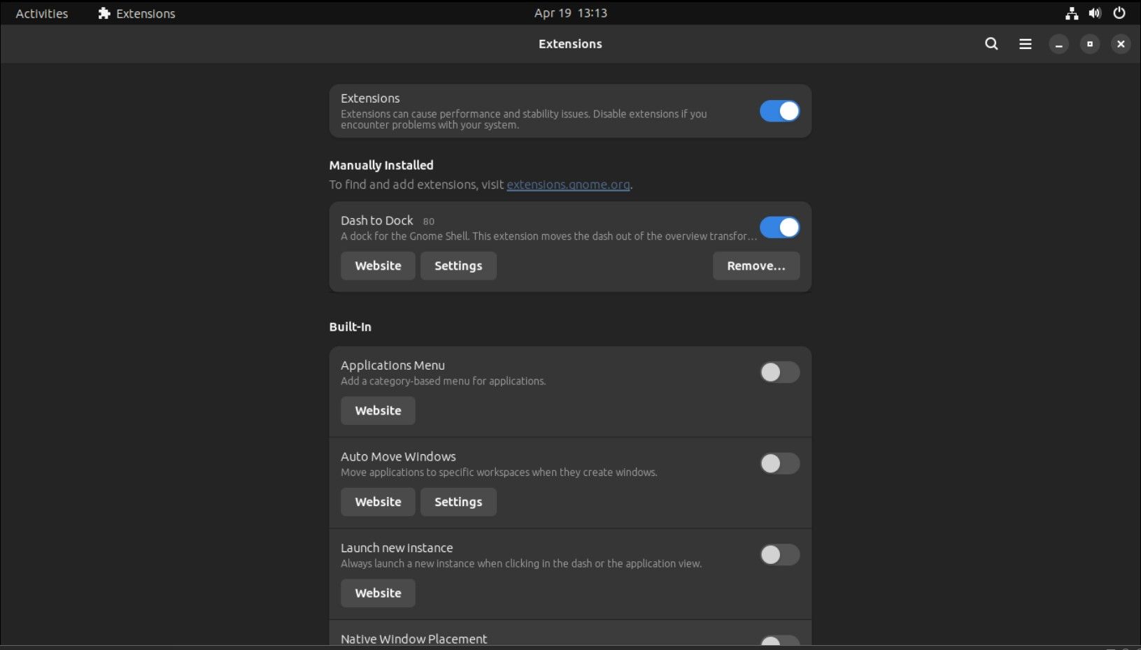 Окно настроек Dash to Dock в Ubuntu 23.04