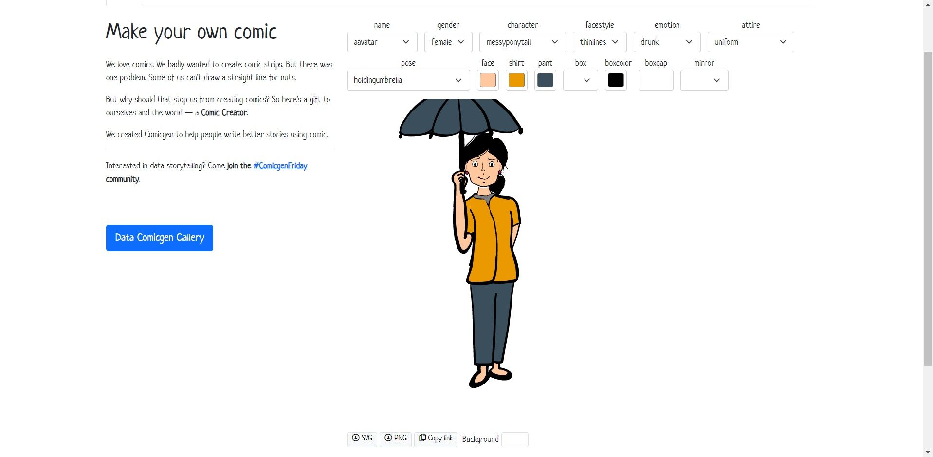 Выбор персонажа и параметры кастомизации в Comicgen