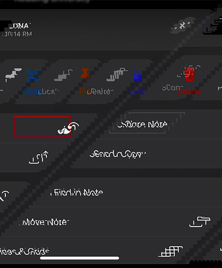 Меню совместного доступа в Apple Notes