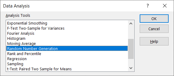 Выберите Random Number Generation в списке Analysis ToolPak