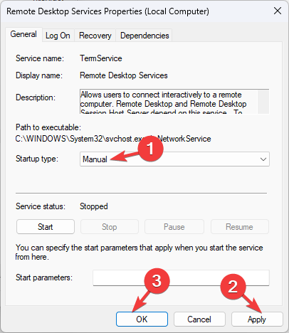 Тип запуска службы установлен в Ручной