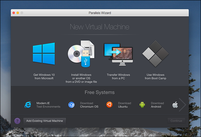 Окно выбора создания виртуальной машины в Parallels — кнопка '+'