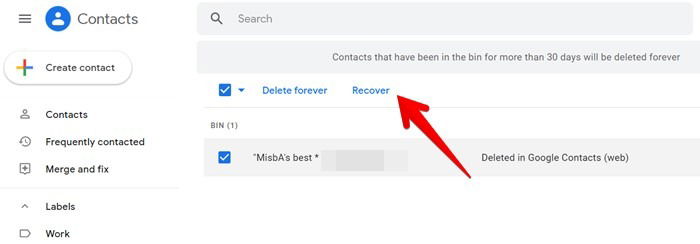 Кнопка восстановления в Google Contacts на ПК