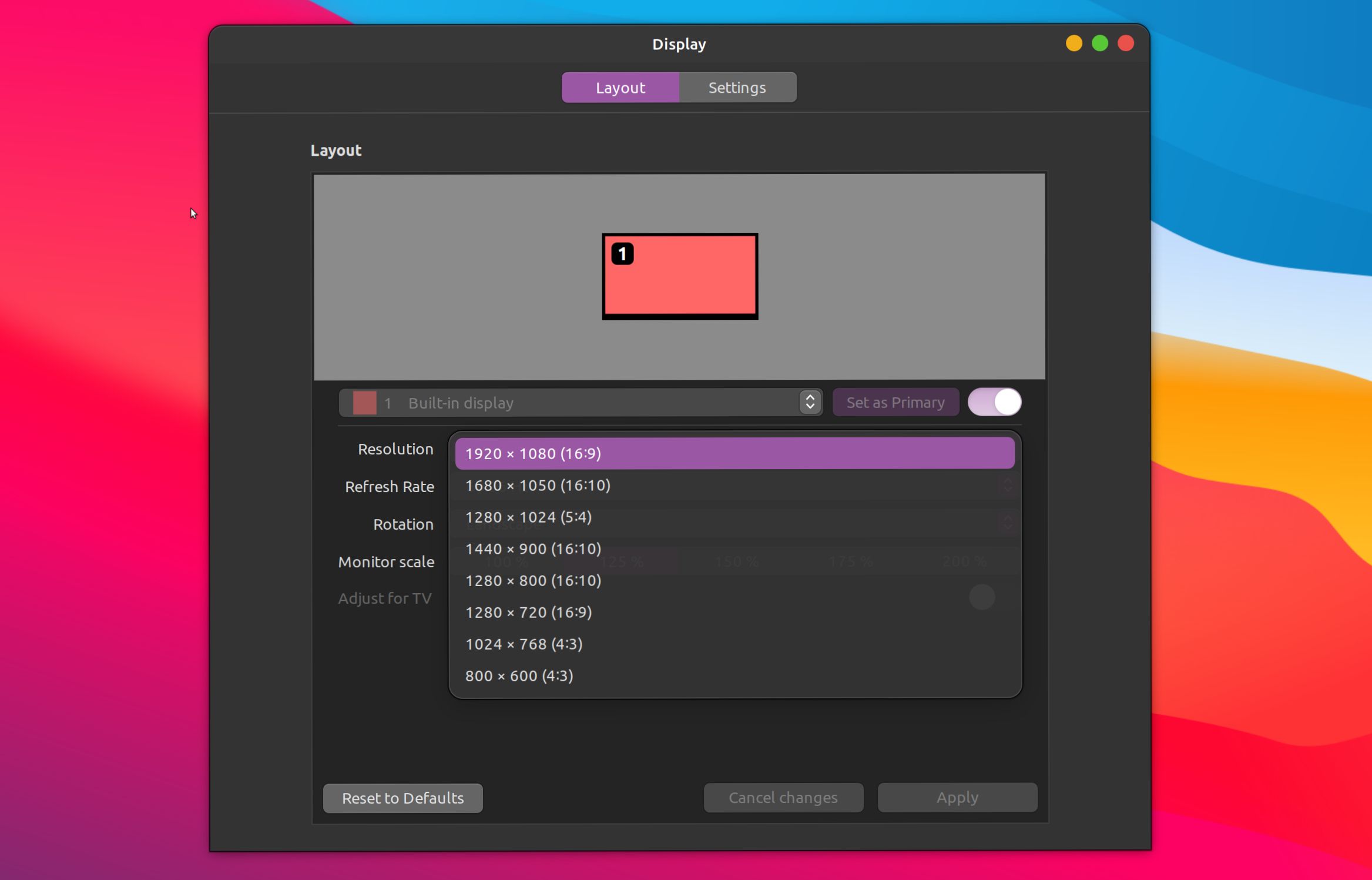 Настройки дисплея в Cinnamon