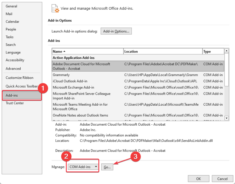 Параметры надстроек: COM Add-Ins и кнопка Перейти