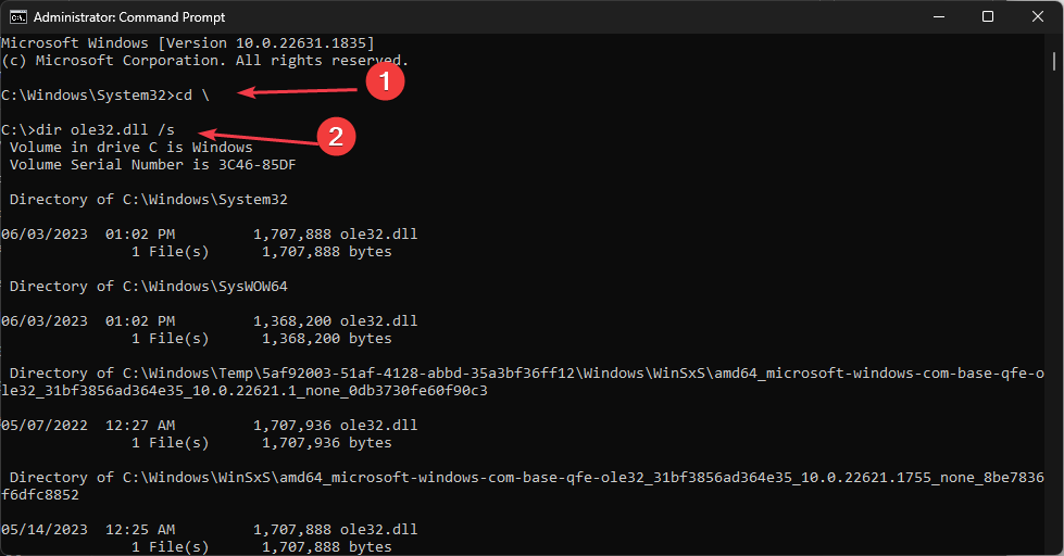 Результат команды поиска ole32.dll в командной строке