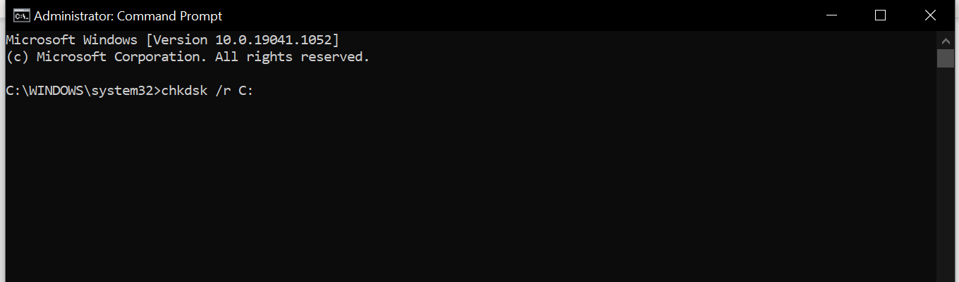Окно Командной строки с командой chkdsk